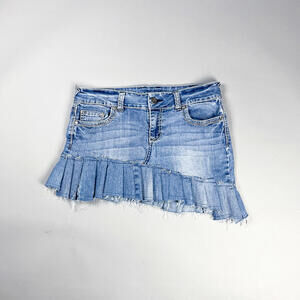 Asymmetric Pleated Denim Mini Skirt with Raw Hem, Reworked Low Rise Jeans